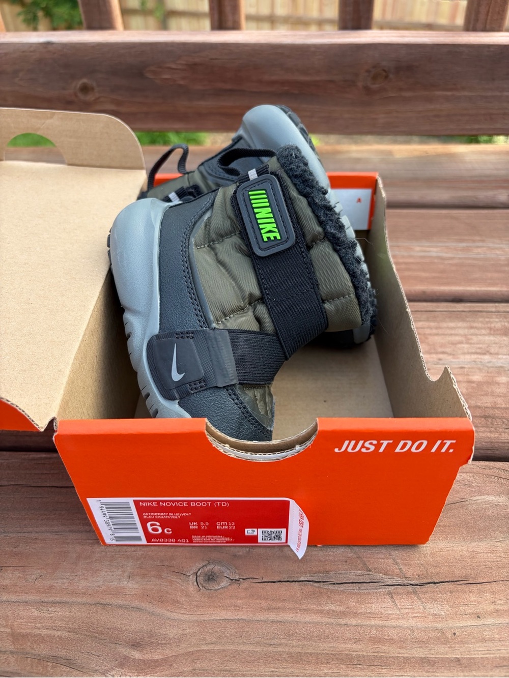 Nike Kids Olive Green and Gray Winter Boot with Neon Green Logo
